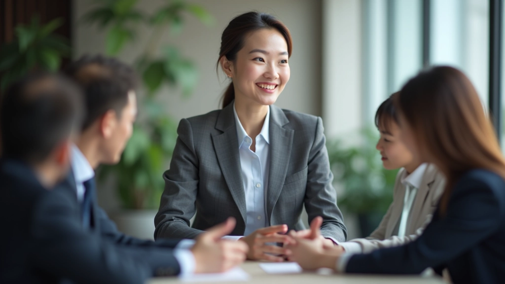 Professional business woman in meeting, confident posture, discussing with colleagues around conference table